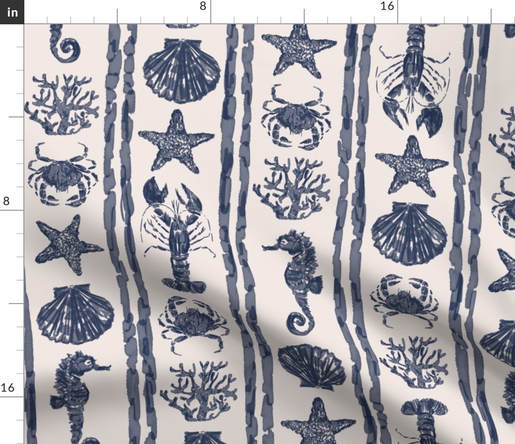 Brush Strokes Stripes and Sea Life Including Lobster, Crab, Starfish, Seahorse, Coral and Seashell, Navy Blue