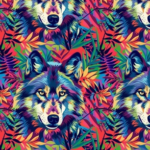 wolf pack in the neon tropic jungle