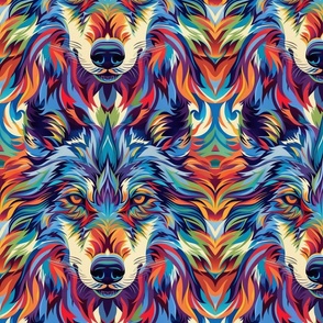 psychedelic neon wolf pack in blue purple and orange red