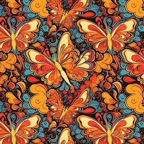 art nouveau watercolor butterflies in gold orange and red blue