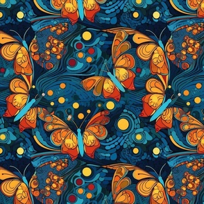 gold orange and blue art nouveau geometric butterfly abstract