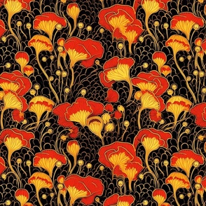 red orange and gold mushroom forest