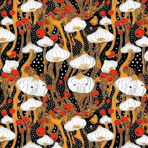 geometric mushroom forest of flowers in gold red and white black