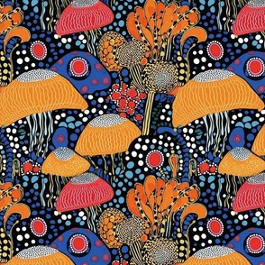 geometric art nouveau orange red and purple blue jellyfish