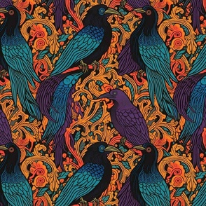 art nouveau raven in teal blue and purple 