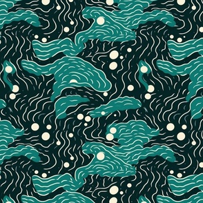 art nouveau teal green ocean waves