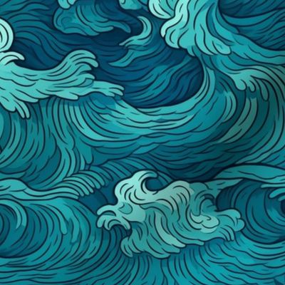 japanese ocean waves in art nouveau teal