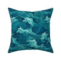 japanese ocean waves in art nouveau teal