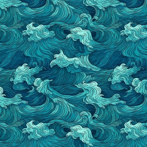 japanese ocean waves in art nouveau teal