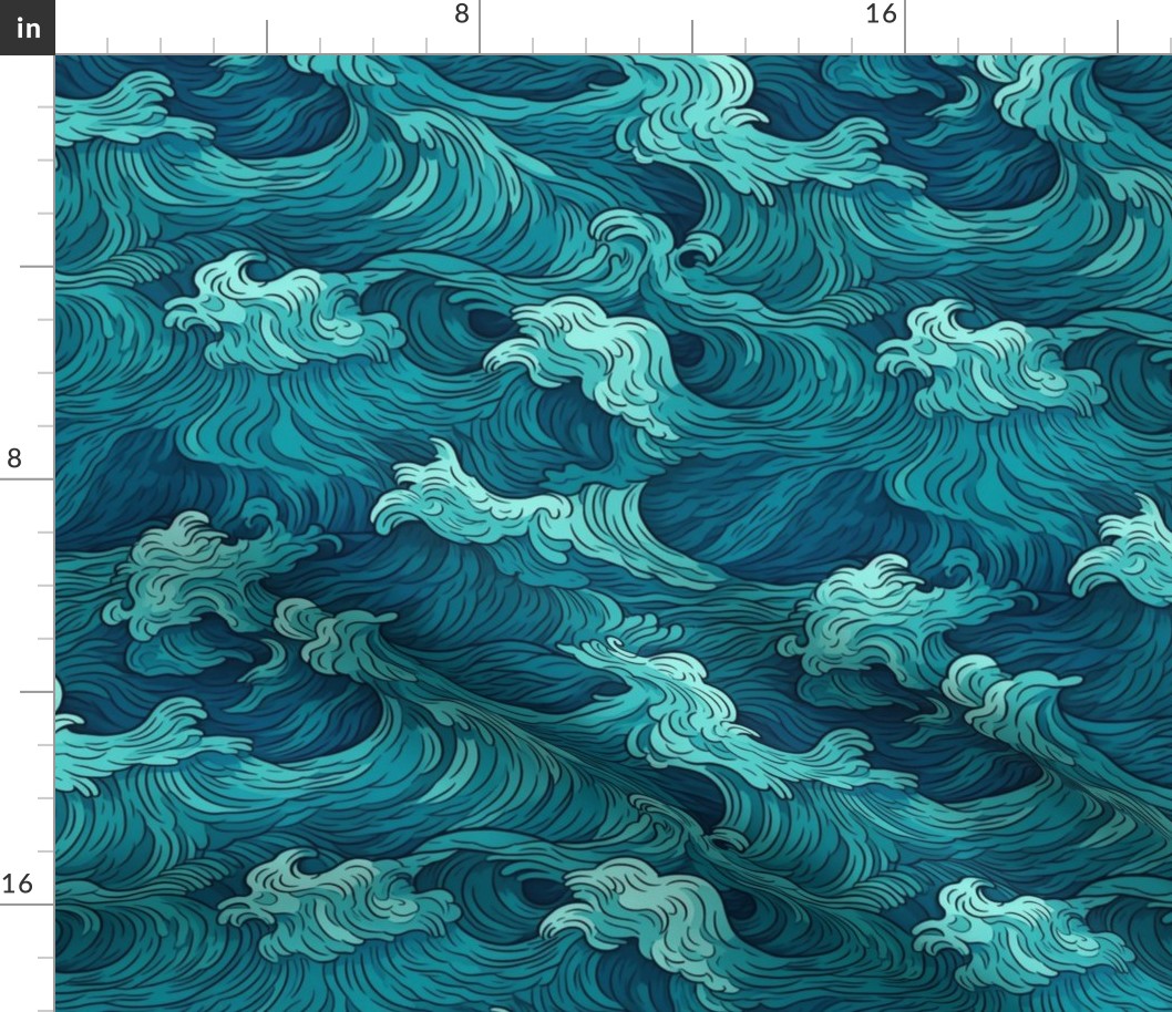 japanese ocean waves in art nouveau teal