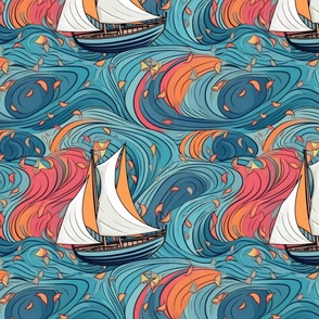 art nouveau  japanese sailboat ocean in teal green and orange pink