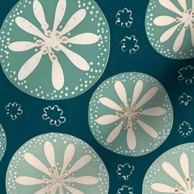 geometric sand dollars in white and teal green