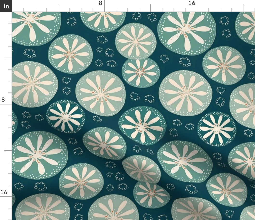 geometric sand dollars in white and teal green