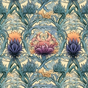 art nouveau watercolor scottish thistles in purple gold and teal green 
