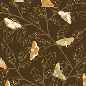 Moths on trailing branches in dark olive, brown, green and yellow