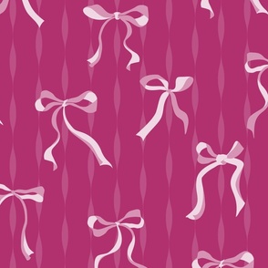 (L) Coquette pink bows on deep pink background with curved stripes