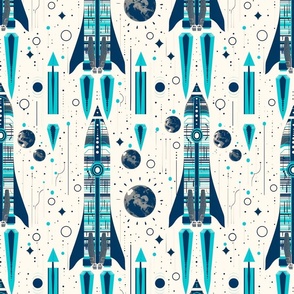 Retro Rockets Reverse Cyan Navy Mid Century Modern Space and Time Adventure