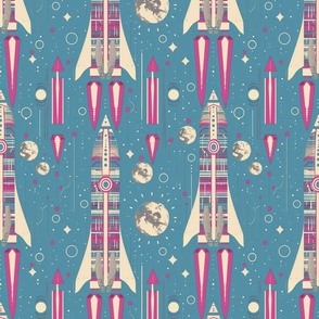 Retro Rockets Pink Blue Mid Century Modern Space and Time 