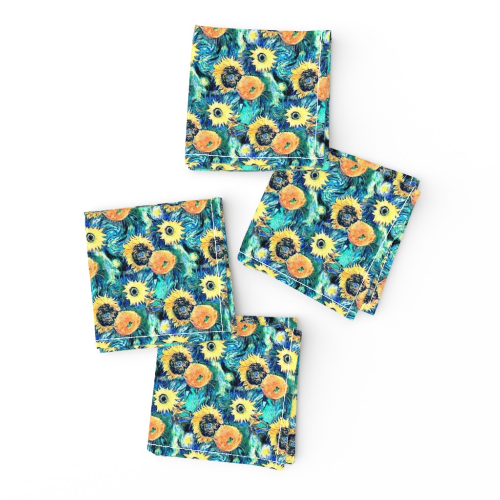 Van Gogh's Sunflowers on Starry Night Teal Background