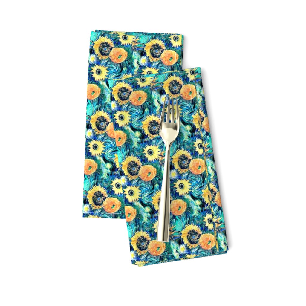 Van Gogh's Sunflowers on Starry Night Teal Background