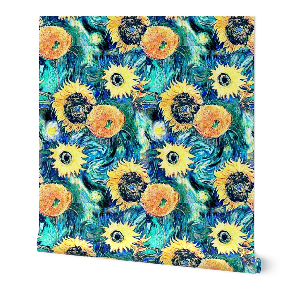 Van Gogh's Sunflowers on Starry Night Teal Background