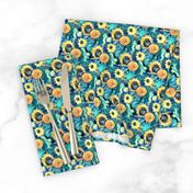 Van Gogh's Sunflowers on Starry Night Teal Background