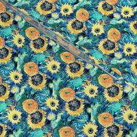 Van Gogh's Sunflowers on Starry Night Teal Background