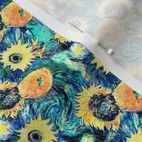 Van Gogh's Sunflowers on Starry Night Teal Background