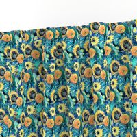 Van Gogh's Sunflowers on Starry Night Teal Background