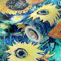 Van Gogh's Sunflowers on Starry Night Teal Background