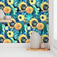 Van Gogh's Sunflowers on Starry Night Teal Background