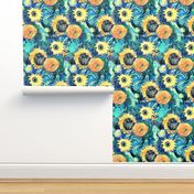 Van Gogh's Sunflowers on Starry Night Teal Background