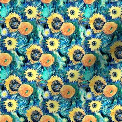 Van Gogh's Sunflowers on Starry Night Teal Background