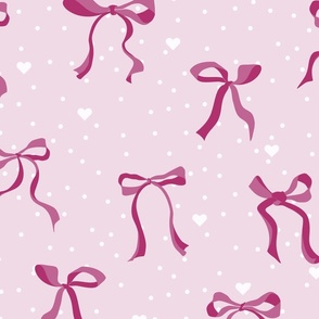 (L) Coquette fuchsia bows on pink background with dots and hearts