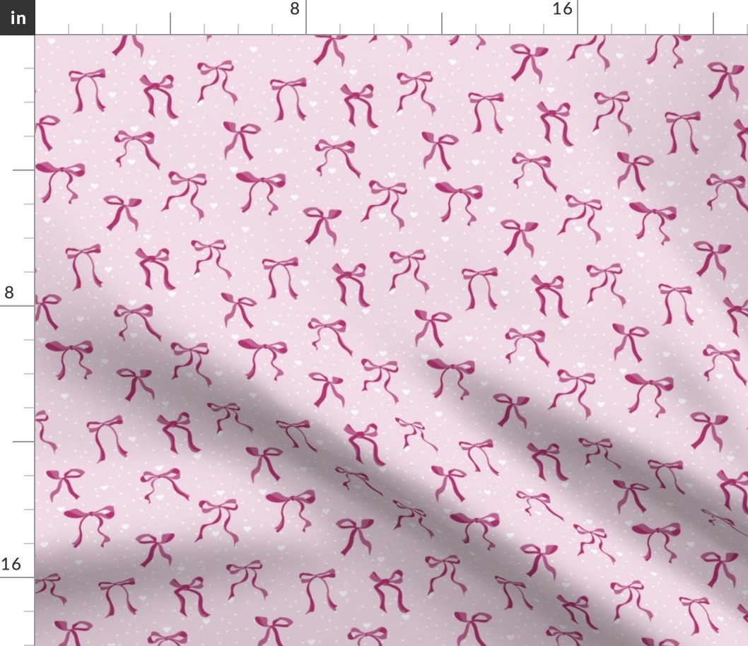 (S) Coquette fuchsia bows on pink background with dots and hearts