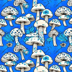 white mushrooms with bright blue dots and  bakground M