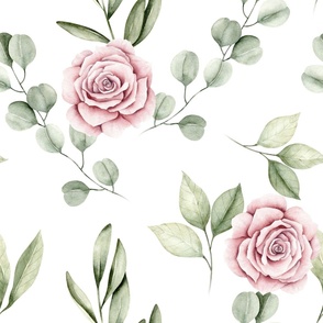 jumbo __ watercolor eucalyptus and roses floral_ olive leaf_ greenery_ leaves_ plants_ foliage on white with paint splatter__ edition 2 - 7