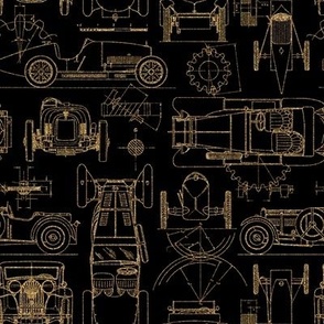 Small Scale / Oldtimer Race Cars Blueprint / Gold Faux Glitter on Black Background