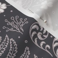 Wildwood flora.  Forest biome. Botanical damask  - Dark grey - White  -Large scale