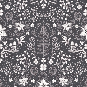 Wildwood flora.  Forest biome. Botanical damask  - Dark grey - White  -Large scale