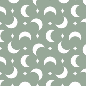 Crescent Moon And Stars Sage Green, Large Scale