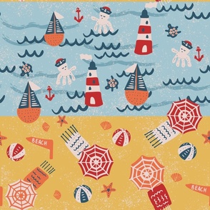 Beachside Weekend  -blue, red, yellow - Cute Nautical - Seashore - Summer Beach - OceanSKU 2403071265