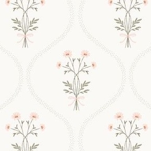 Large Spring Flowers With Ribbon and Dotted Lines in Pink and Green | Cozy Farmhouse Floral Ogee 