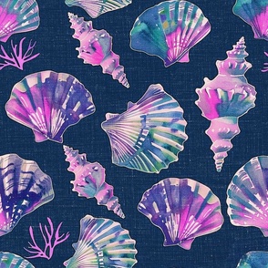 Preppy Pattern Seashell Pattern Linen Texture - Navy Pink Purple Teal Blue Green