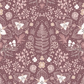 Wildwood flora.  Forest biome. Botanical damask  - Dusty Rose -Large scale