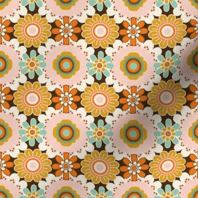 70´s  Vintage Colourful Retro Tile Pattern  - Orange, Mint, Soft Pink and White  - Small Size