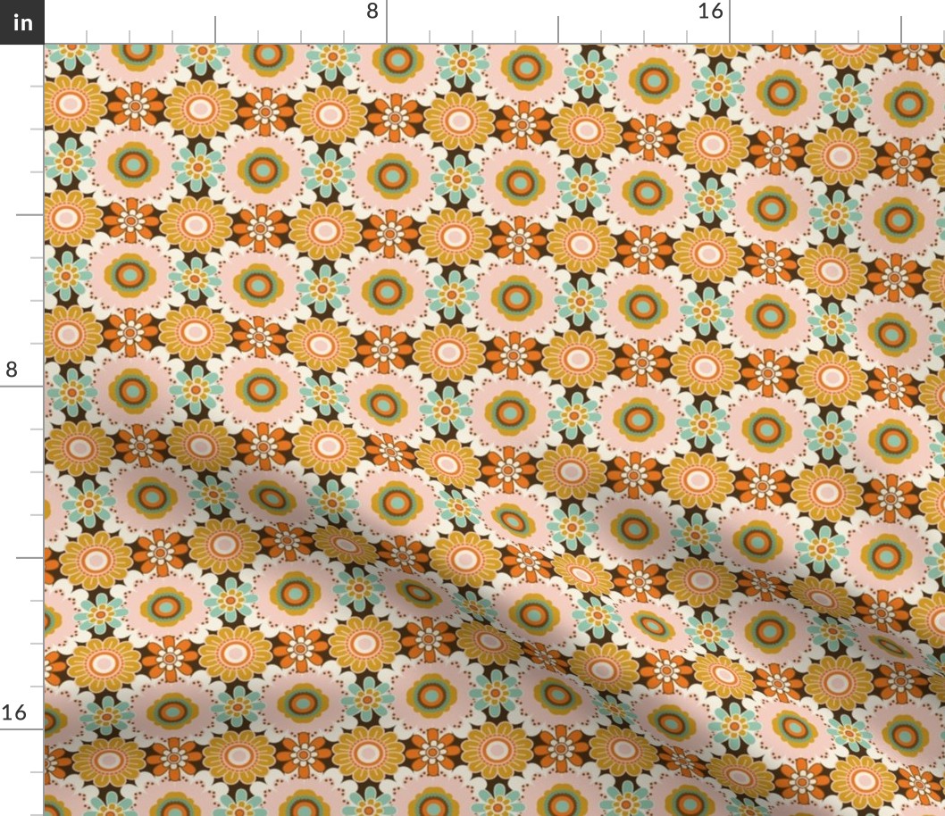 70´s  Vintage Colourful Retro Tile Pattern  - Orange, Mint, Soft Pink and White  - Small Size