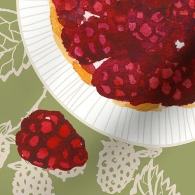 large - Raspberry Tarts - Tartelettes Framboises pastry dessert and berries on light fern green with beige line art