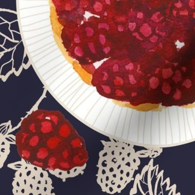 large - Raspberry Tarts - Tartelettes Framboises pastry dessert and berries on dark evening blue with beige line art