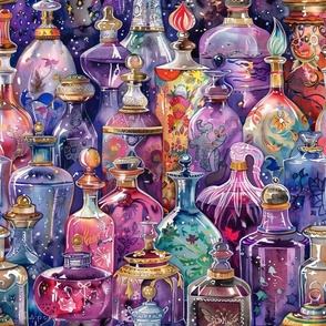 Watercolor Witch Wizard Magical Potion Bottles in Colorful Rainbow Fantasy Colors